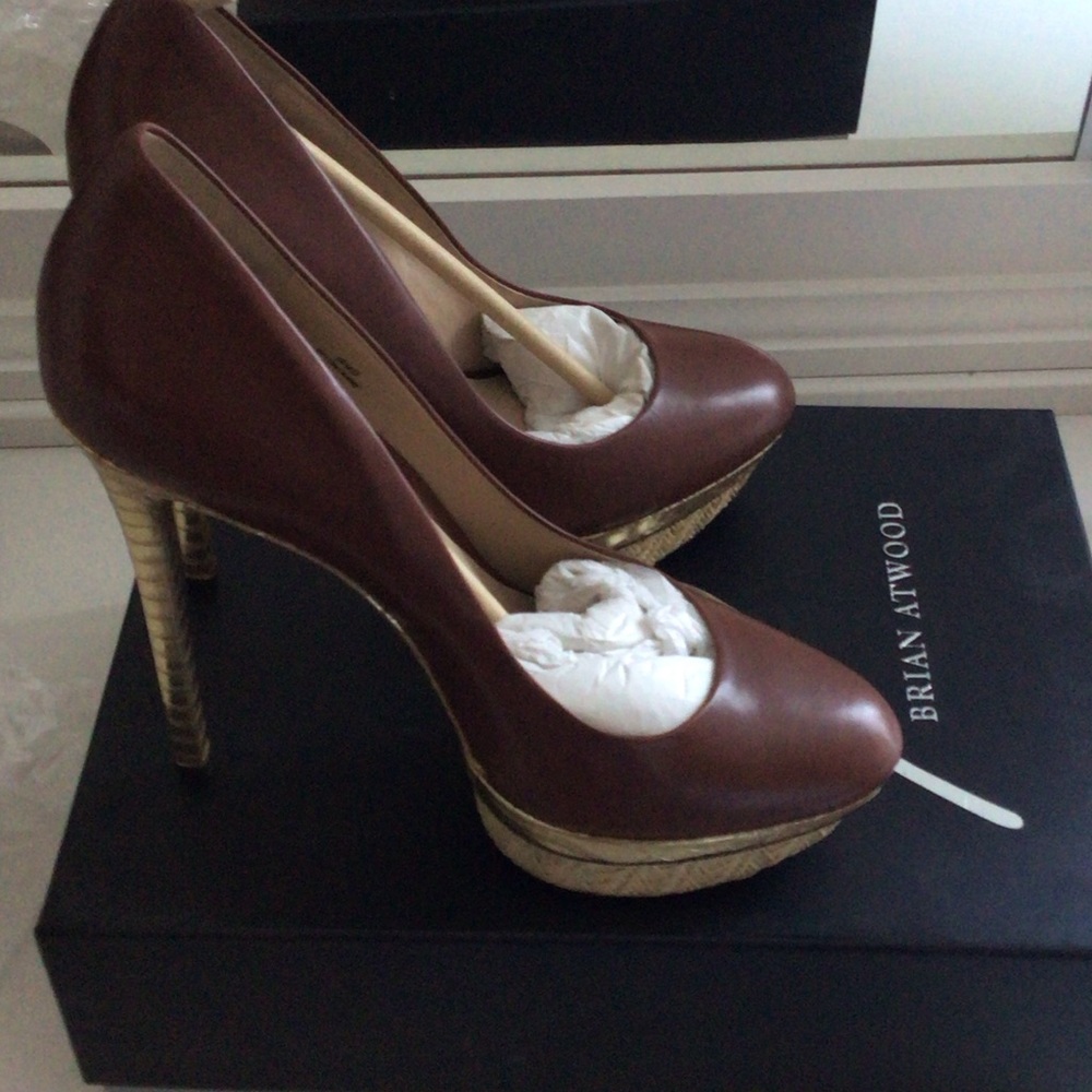 Brian Atwood Brown and Gold Platform Heels